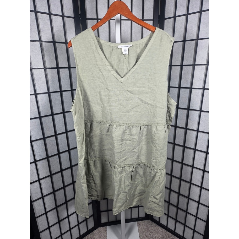 Lucky Brand Langenlook Sage Green Boho Tiered Linen Blend V-Neck Tunic Top 2X